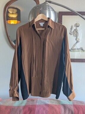 Vintage Paul Stanley Silk Colorblock Blouse - Brown & Black, Sz 10